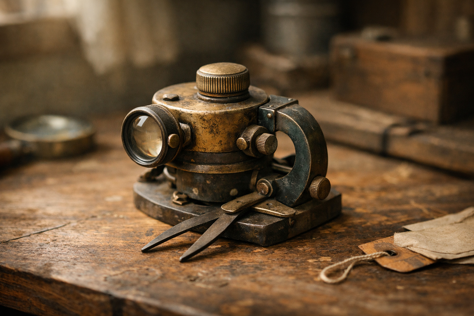 A carefully photographed mysterious workshop object on a wooden bench